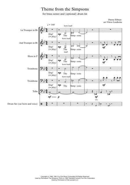 Theme From The Simpsons For Brass Sextet Sheet Music