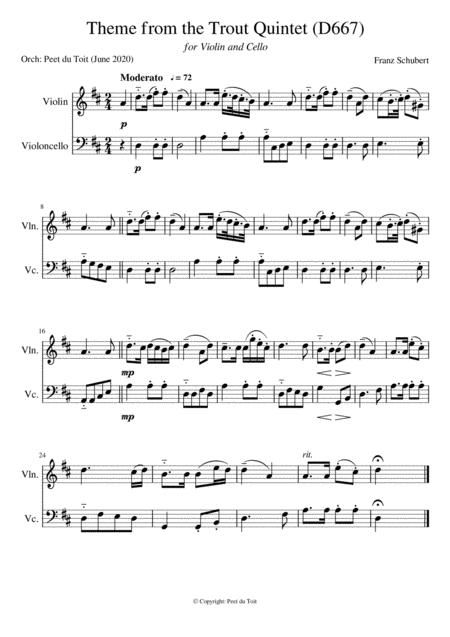 Theme From The Trout Quintet In A D667 F Schubert Violin Cello Sheet Music