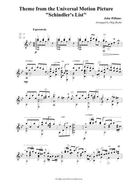 Theme From The Universal Motion Picture Schindlers List Sheet Music