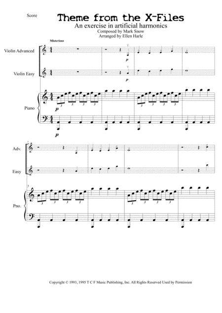 Free Sheet Music Theme From The X Files Violin And Piano Duet With Advanced And Simplified Violin Parts