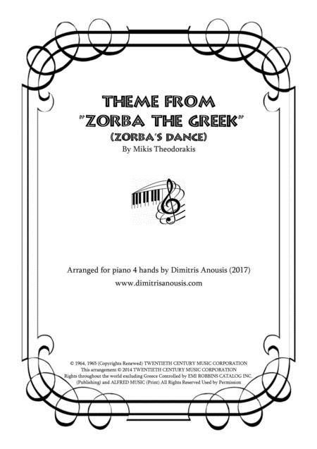 Free Sheet Music Theme From Zorba The Greek Zorba Dance Amazing Piano 4 Hands Arrangement