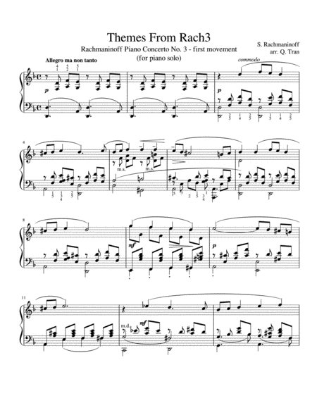 Free Sheet Music Themes From Rach3 Rachmaninoff Piano Concerto No 3 1st Movement Piano Solo Arrangement