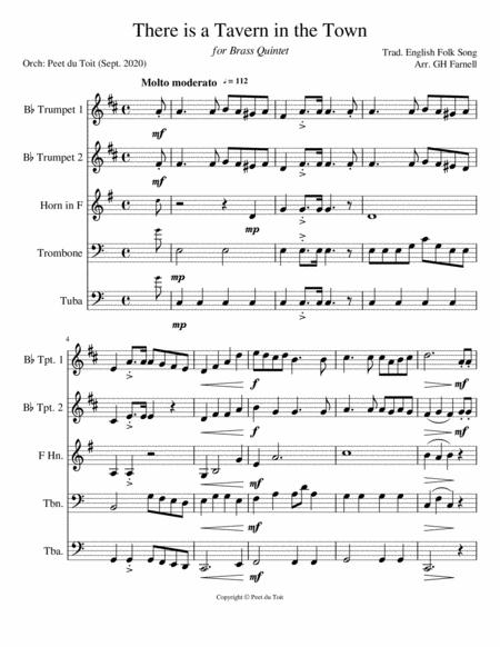 Free Sheet Music There A Tavern In The Town Trad English Folk Song Brass Quintet