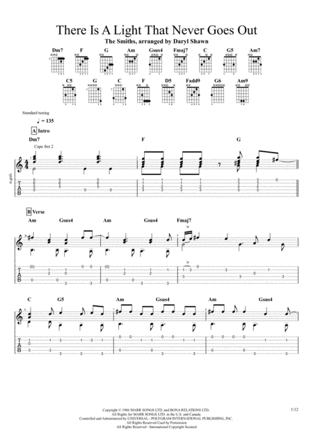 There Is A Light That Never Goes Out The Smiths For Solo Fingerstyle Guitar Sheet Music