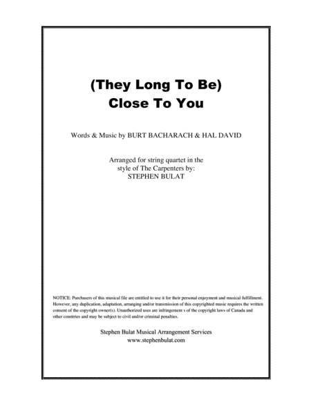 Free Sheet Music They Long To Be Close To You Arranged For String Quartet