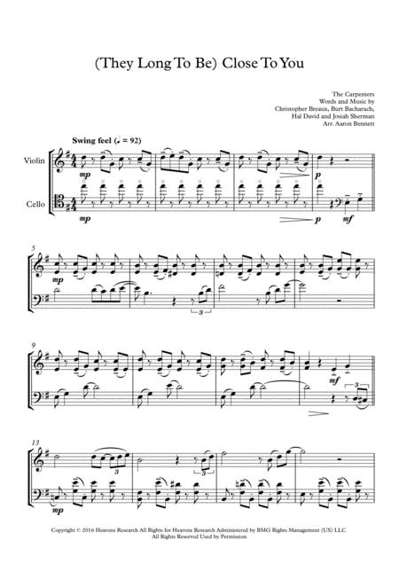 Free Sheet Music They Long To Be Close To You String Duo Violin Cello Duet