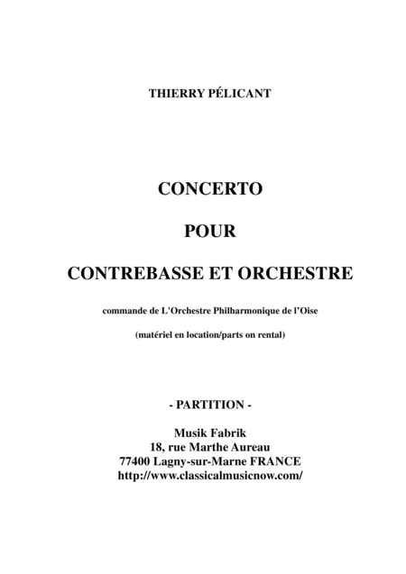 Thierry Plicant Concerto For Contrabass And Orchestra Score Only Sheet Music