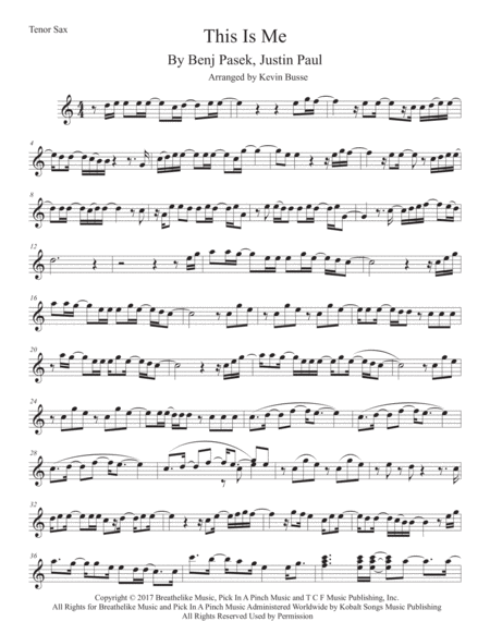 Free Sheet Music This Is Me Easy Key Of C Tenor Sax