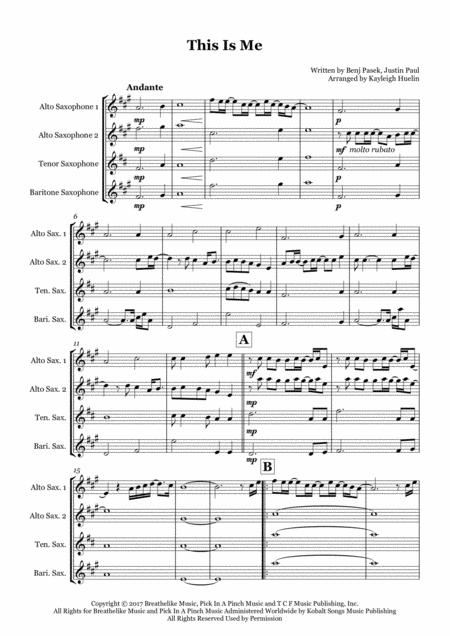 Free Sheet Music This Is Me From The Greatest Showman Saxophone Quartet Aatb