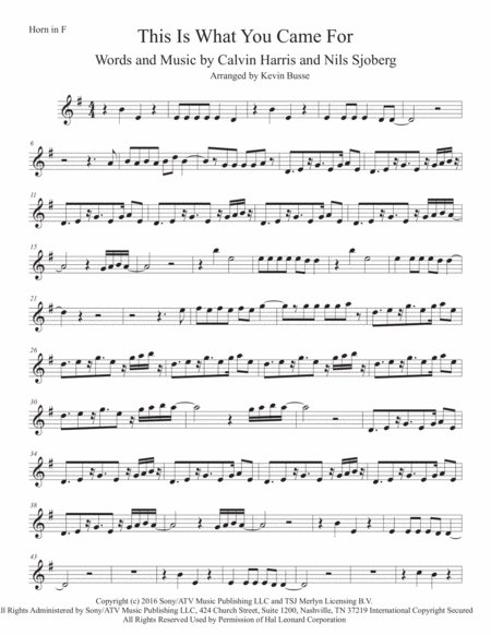 Free Sheet Music This Is What You Came For Original Key Horn In F