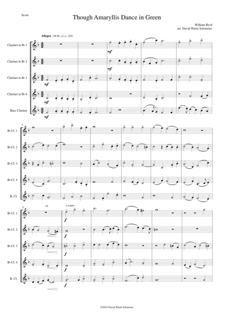 Though Amaryllis Dance In Green For Clarinet Quintet 4 B Flat Clarinets And 1 Bass Clarinet Sheet Music