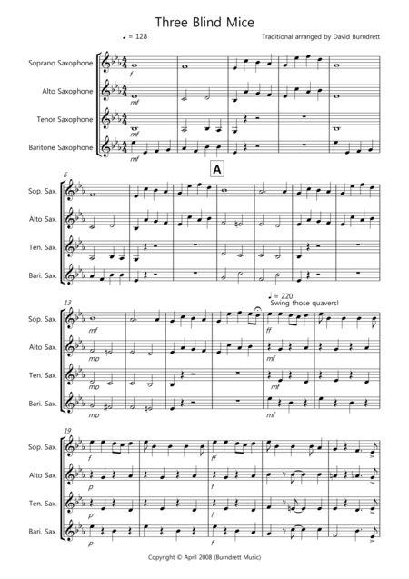 Three Blind Mice For Saxophone Quartet Sheet Music