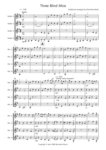 Three Blind Mice For Violin Quartet Sheet Music