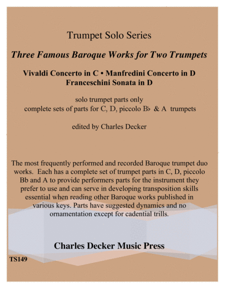 Three Famous Baroque Works For Two Trumpets Solo Parts Only To Vivaldi Manfredini Concertos Franceschini Sonata Sheet Music