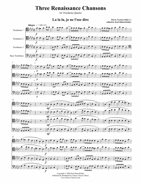 Free Sheet Music Three Renaissance Chansons For Trombone Quartet