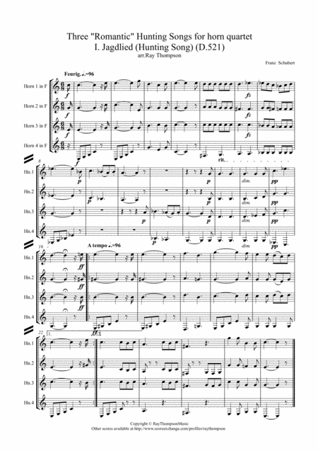 Three Romantic Hunting Songs For Horn Quartet Sheet Music