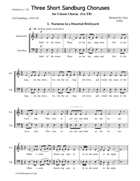 Three Short Sandburg Choruses For Unison Choir Sa Tb Sheet Music