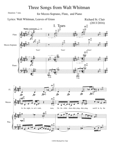 Three Songs From Walt Whitman For Soprano Flute And Piano Score And Part Sheet Music