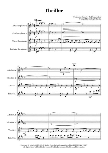 Thriller By Michael Jackson Saxophone Quartet Aatb Sheet Music