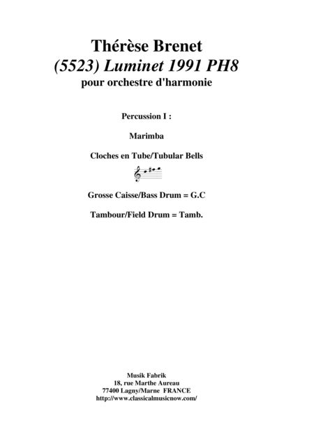 Free Sheet Music Thrse Brenet 5523 Luminet 1991 Ph8 For Concert Band Percussion 1 Part