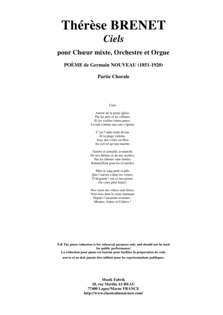 Thrse Brenet Ciels For Satb Chorus Orchestra And Organ Chorus Part Sheet Music