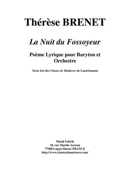 Free Sheet Music Thrse Brenet La Nuit Du Fossoyeur For Baritone And Orchestra Score