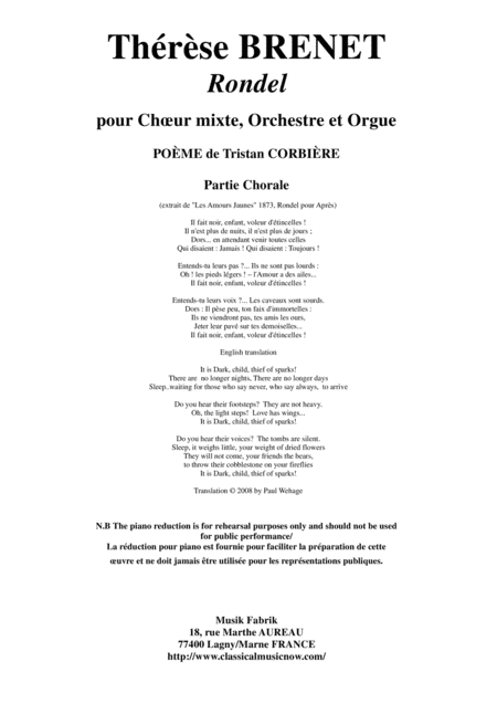 Thrse Brenet Rondel For Satb Chorus Orchestra And Organ Chorus Part Sheet Music