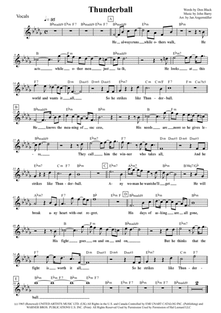 Thunderball For Jazz Combo And Vocals Transcription Of Original Tom Jones Recording For James Bond Bb Minor Sheet Music