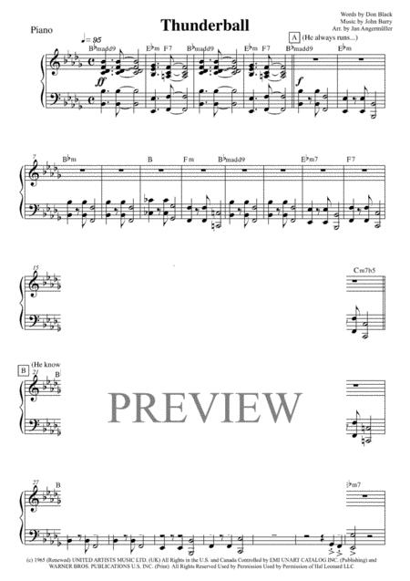 Thunderball Piano Transcription Of Original Tom Jones Recording For James Bond Sheet Music