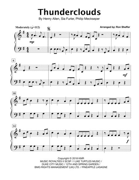 Thunderclouds Sia Easy Piano In The Original Key Em Sheet Music