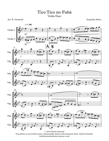 Tico Tico No Fuba Violin Duet Sheet Music