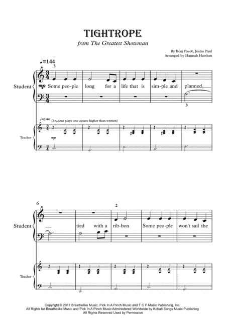 Tightrope From The Greatest Showman Beginner Piano Sheet Music