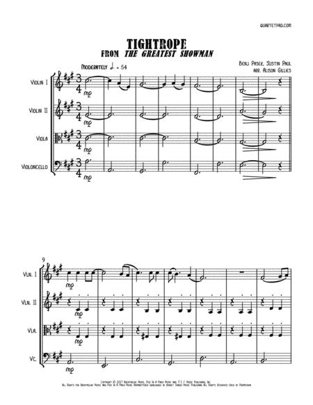 Tightrope From The Greatest Showman String Quartet Sheet Music