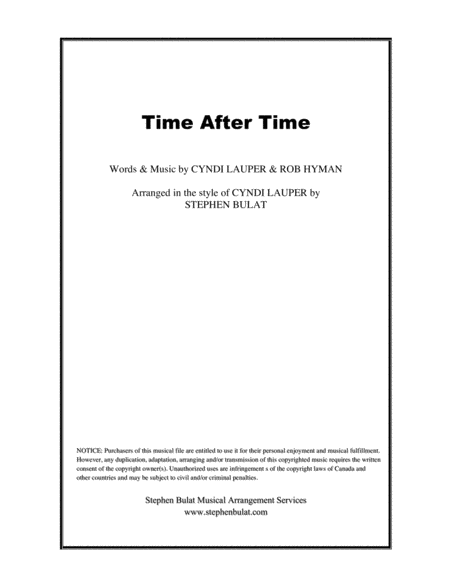 Time After Time Cyndi Lauper Lead Sheet In Original Key Of D Sheet Music