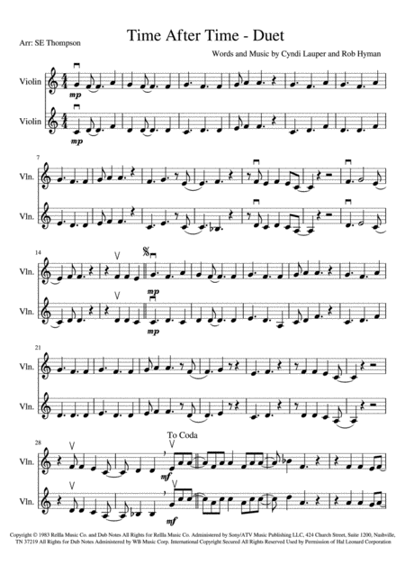 Time After Time Duet Sheet Music