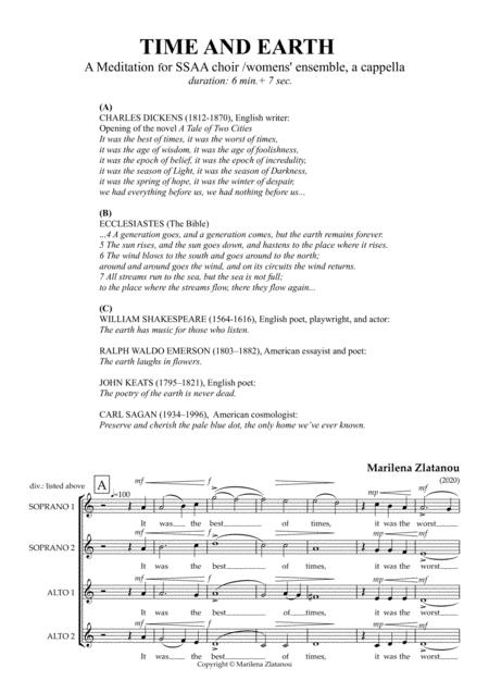 Time And Earth For Ssaa Choir Womens Vocal Ensemble A Cappella Sheet Music