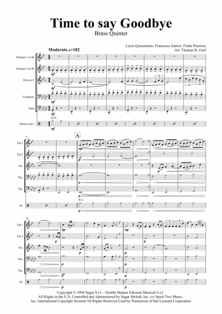 Free Sheet Music Time To Say Goodbye Bocelli Brightman Brass Quintet