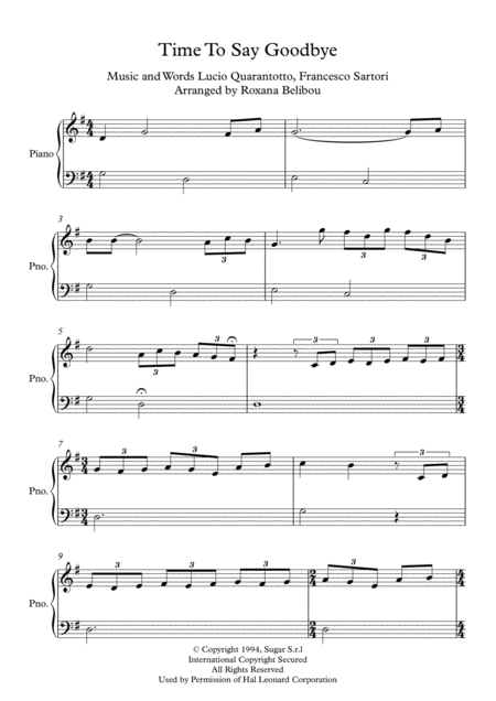 Time To Say Goodbye By Andrea Bocelli And Sarah Brightman Easy Piano Sheet Music