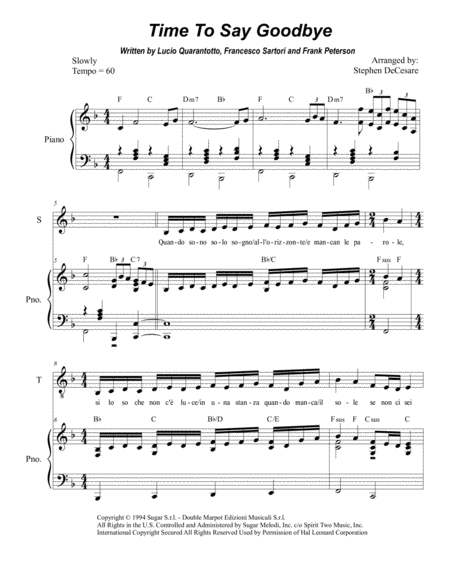 Time To Say Goodbye Duet For Soprano And Tenor Solo Sheet Music