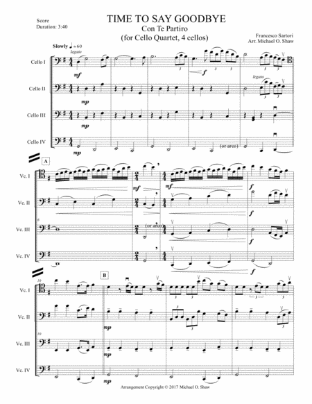 Time To Say Goodbye For Cello Quartet 4 Cellos Sheet Music