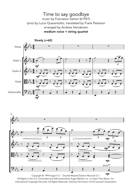 Time To Say Goodbye Medium Voice String Quartet Sheet Music