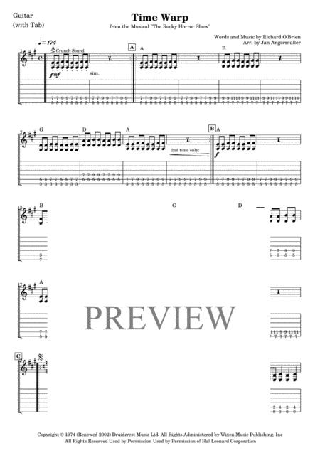 Time Warp E Guitar With Tab Transcription Of Original Rocky Horror Picture Show Recording Sheet Music