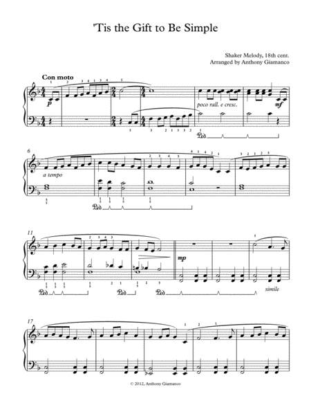 Tis The Gift To Be Simple Shaker Hymn Piano Solo Sheet Music