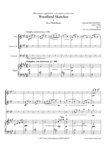 To A Wild Rose Flute Clarinet Cello And Piano Sheet Music