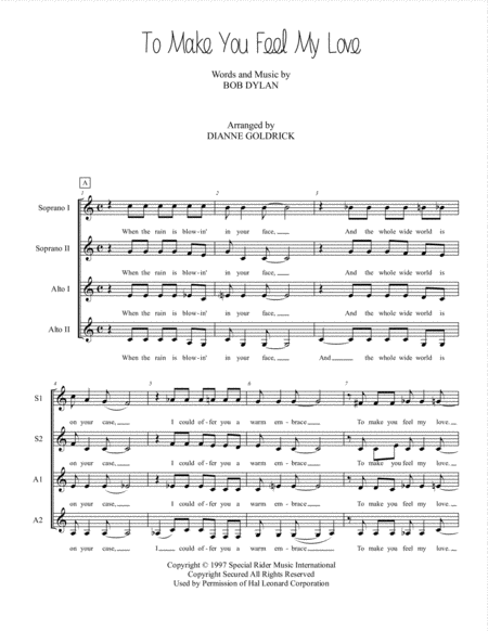 To Make You Feel My Love Ssaa A Cappella Sheet Music