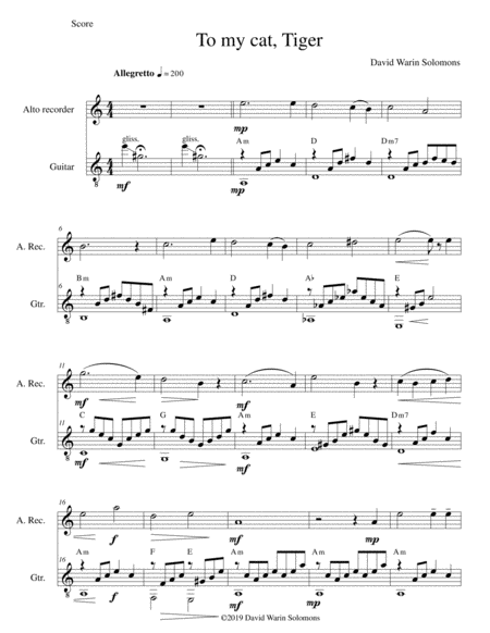 Free Sheet Music To My Cat Tiger For Alto Recorder And Guitar