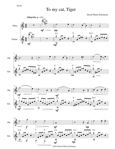 Free Sheet Music To My Cat Tiger For Oboe And Guitar