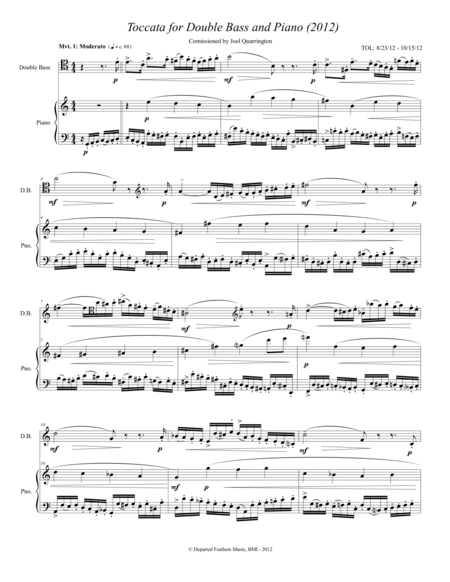 Toccata For Double Bass And Piano 2012 Sheet Music