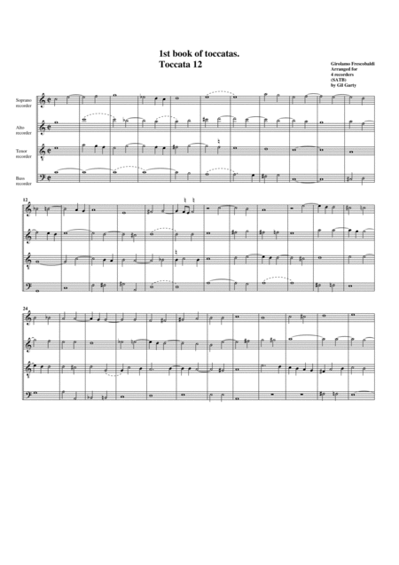 Toccata No 12 Book 1 Arrangement For 4 Recorders Sheet Music
