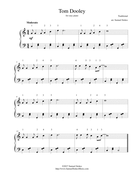 Tom Dooley For Easy Piano Sheet Music